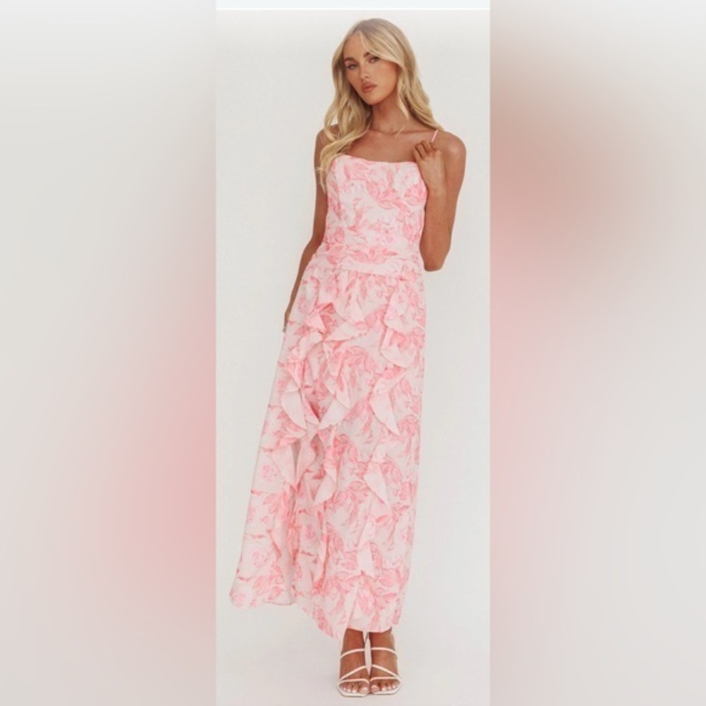NWT SELFIE LESLIE Serif Ruffle Trim Split Maxi Dress Pink Various Sizes